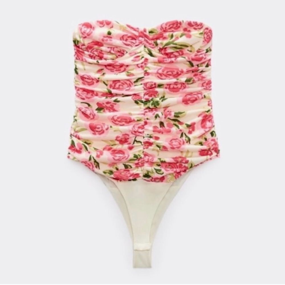 NEW ZARA Draped Ruched Floral Rose Strapless Bodysuit Pink Green White Size S - Picture 8 of 16